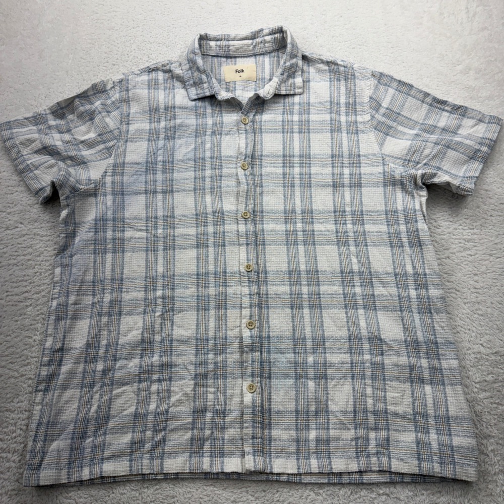 Folk Mens XL Short Sleeve Shirt Plaid Button‎ Up Cotton Linen Blend Top